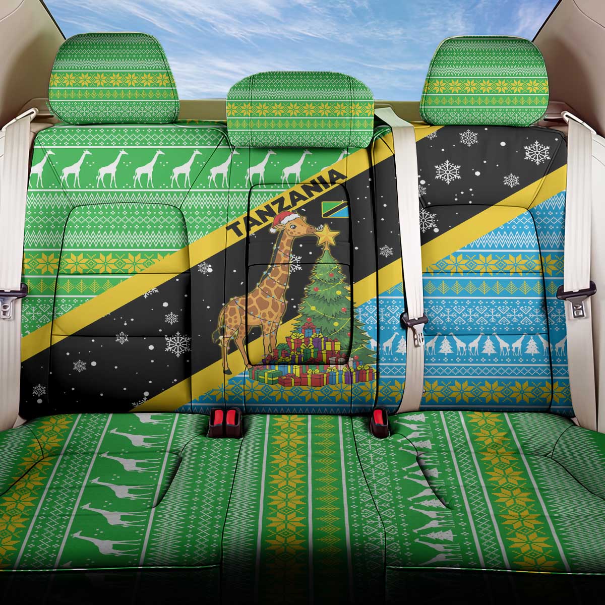 Tanzania Christmas Back Car Seat Cover Giraffe Christmas Tree Snowflakes and Flag - African Pride