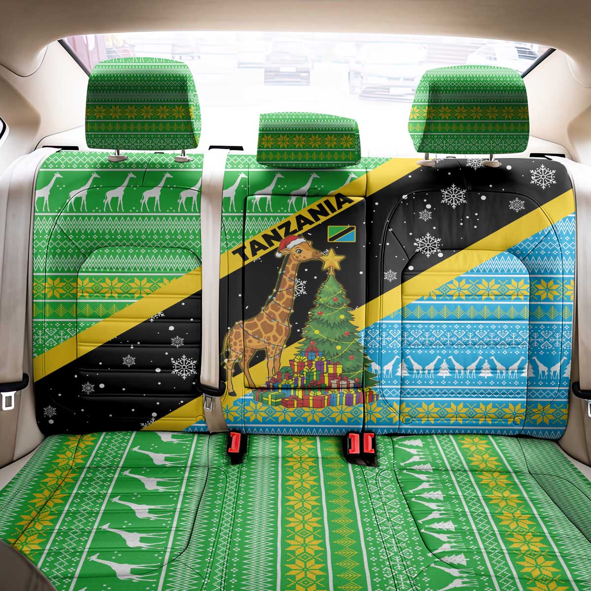Tanzania Christmas Back Car Seat Cover Giraffe Christmas Tree Snowflakes and Flag - African Pride