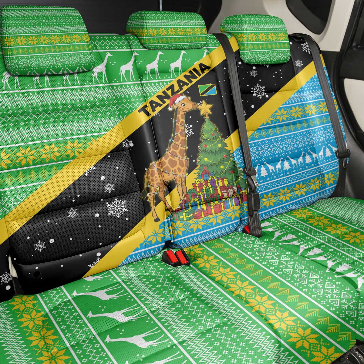 Tanzania Christmas Back Car Seat Cover Giraffe Christmas Tree Snowflakes and Flag - African Pride