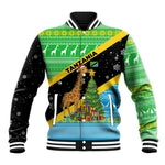Tanzania Christmas Baseball Jacket Giraffe Christmas Tree Snowflakes and Flag - African Pride