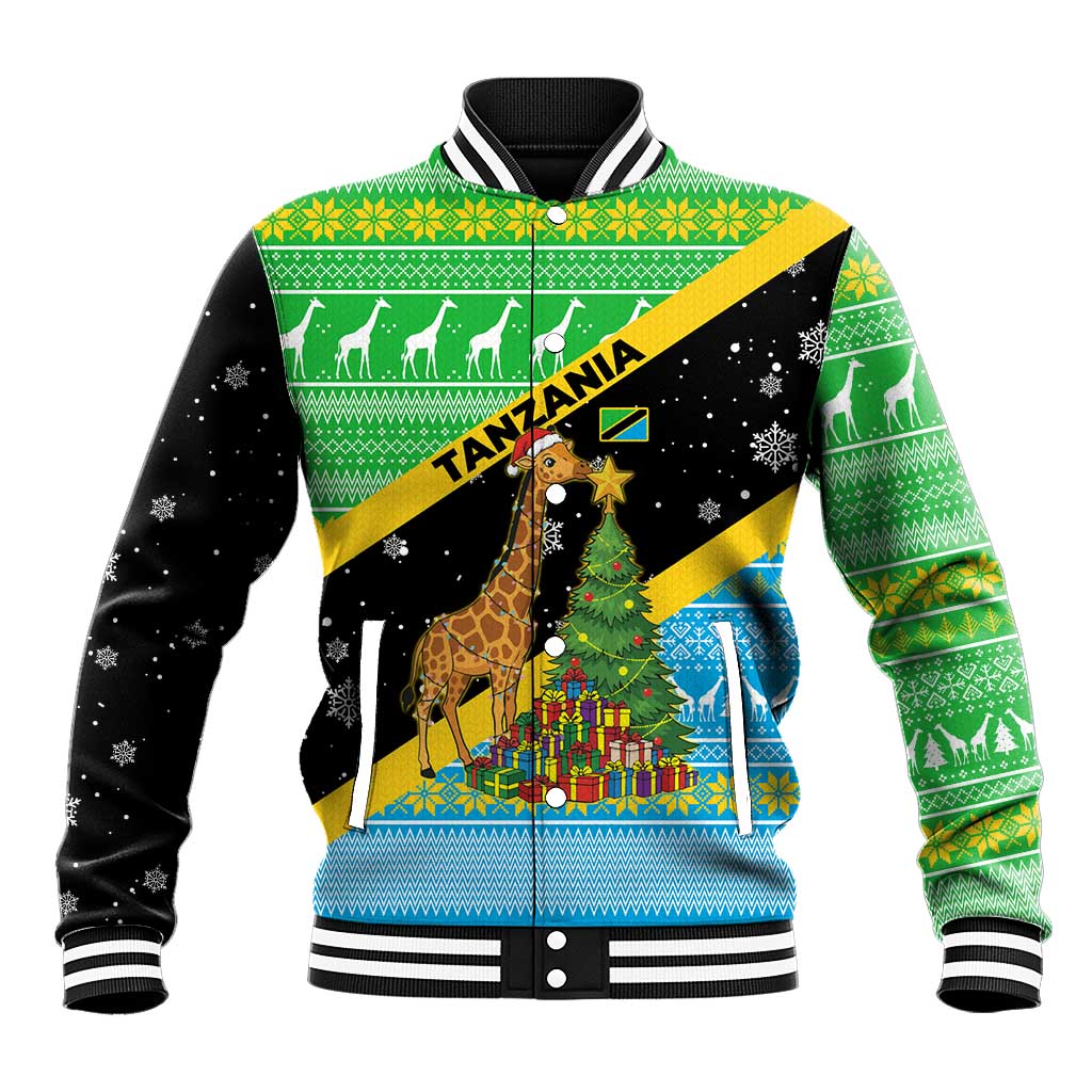 Tanzania Christmas Baseball Jacket Giraffe Christmas Tree Snowflakes and Flag - African Pride