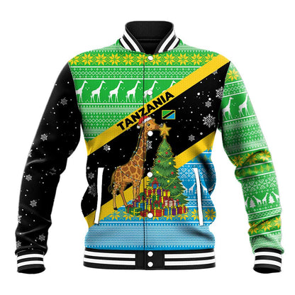 Tanzania Christmas Baseball Jacket Giraffe Christmas Tree Snowflakes and Flag - African Pride