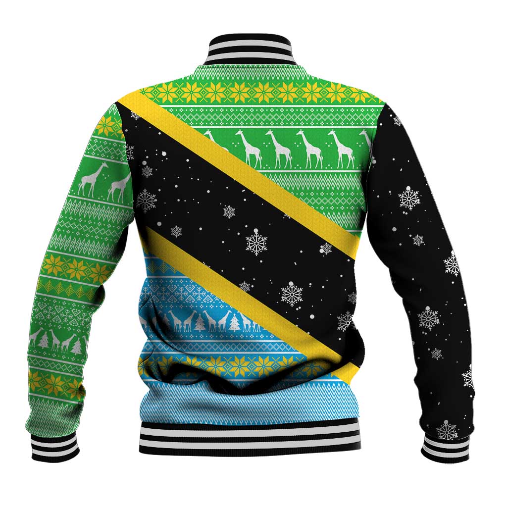 Tanzania Christmas Baseball Jacket Giraffe Christmas Tree Snowflakes and Flag - African Pride