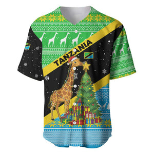 Tanzania Christmas Baseball Jersey Giraffe Christmas Tree Snowflakes and Flag - African Pride