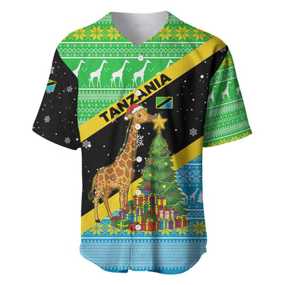 Tanzania Christmas Baseball Jersey Giraffe Christmas Tree Snowflakes and Flag - African Pride