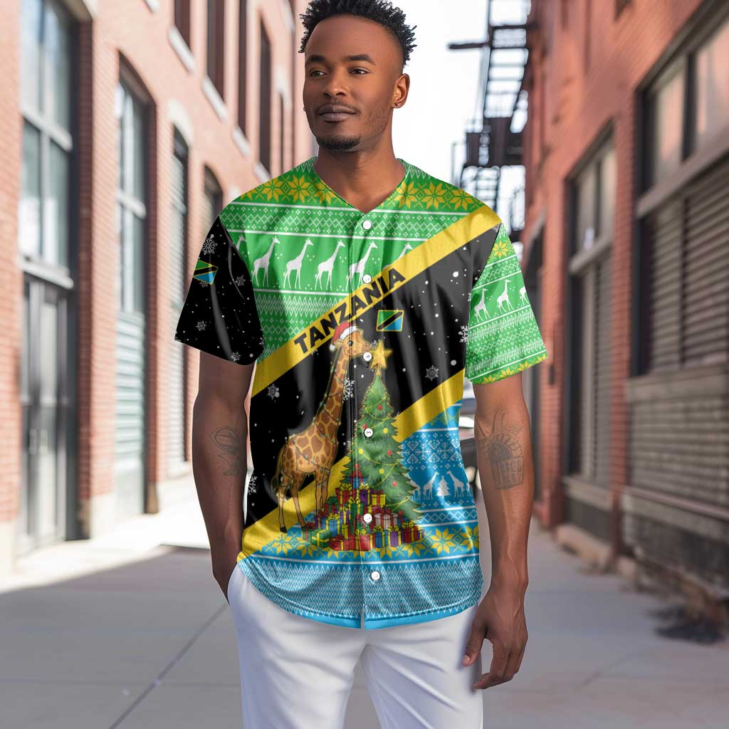 Tanzania Christmas Baseball Jersey Giraffe Christmas Tree Snowflakes and Flag - African Pride