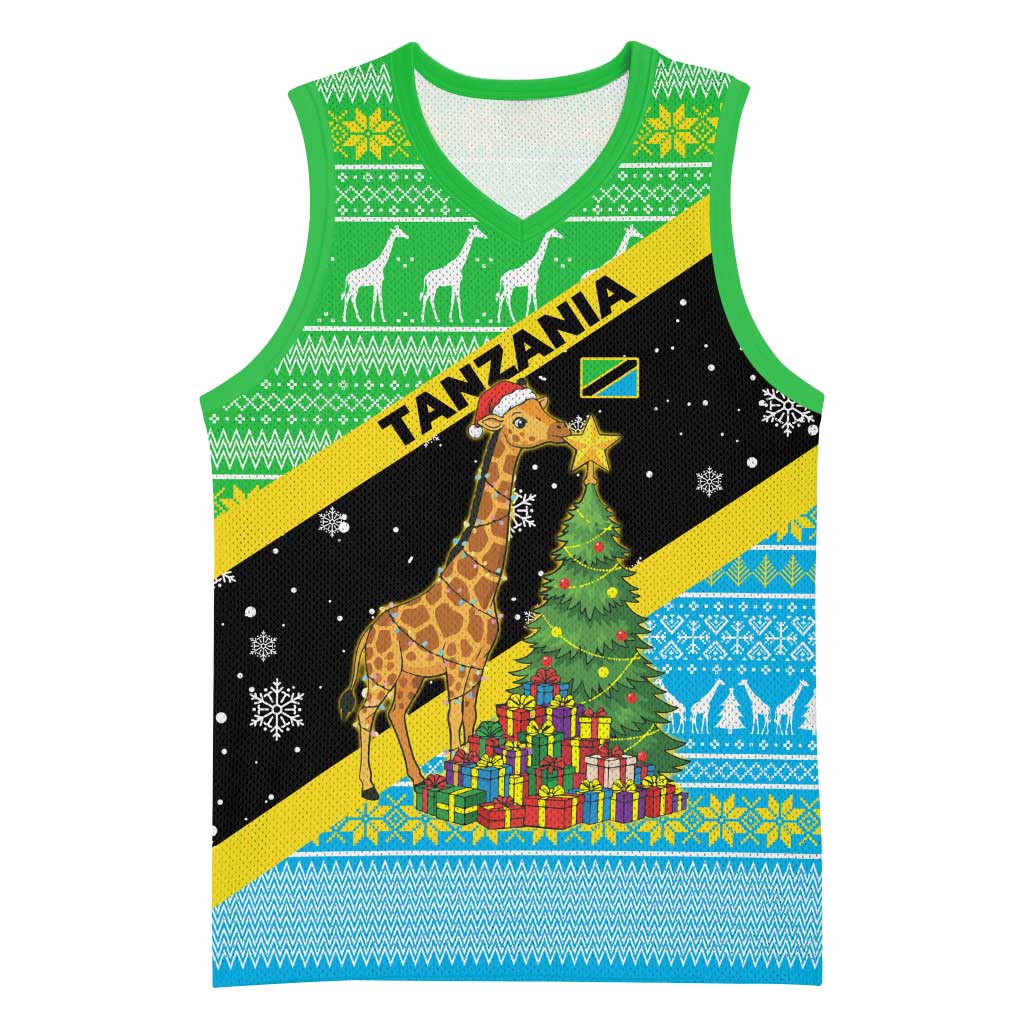Tanzania Christmas Basketball Jersey Giraffe Christmas Tree Snowflakes and Flag - African Pride