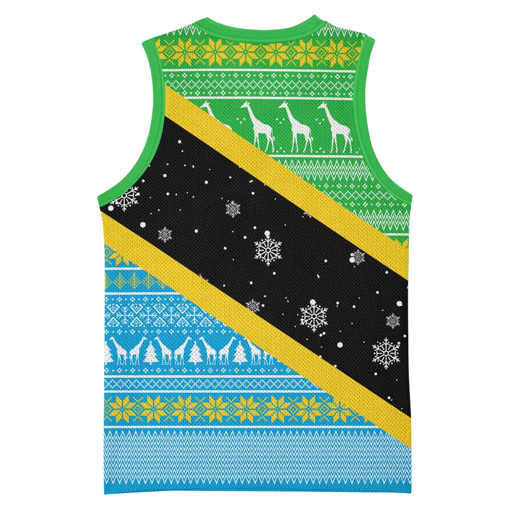 Tanzania Christmas Basketball Jersey Giraffe Christmas Tree Snowflakes and Flag - African Pride