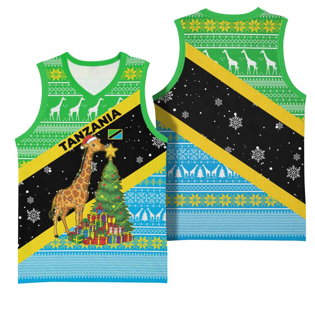 Tanzania Christmas Basketball Jersey Giraffe Christmas Tree Snowflakes and Flag - African Pride