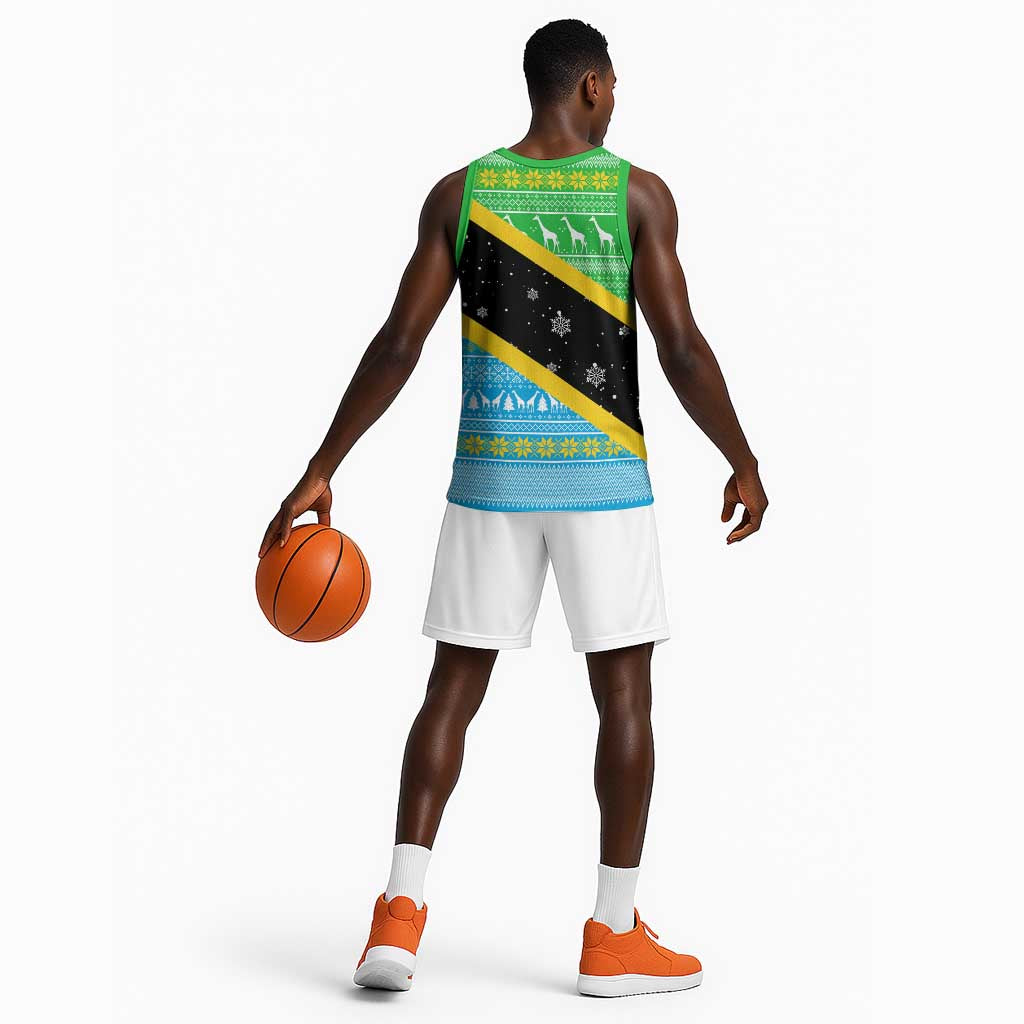 Tanzania Christmas Basketball Jersey Giraffe Christmas Tree Snowflakes and Flag - African Pride