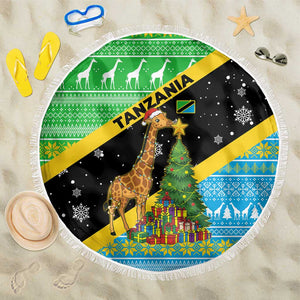 Tanzania Christmas Beach Blanket Giraffe Christmas Tree Snowflakes and Flag - African Pride