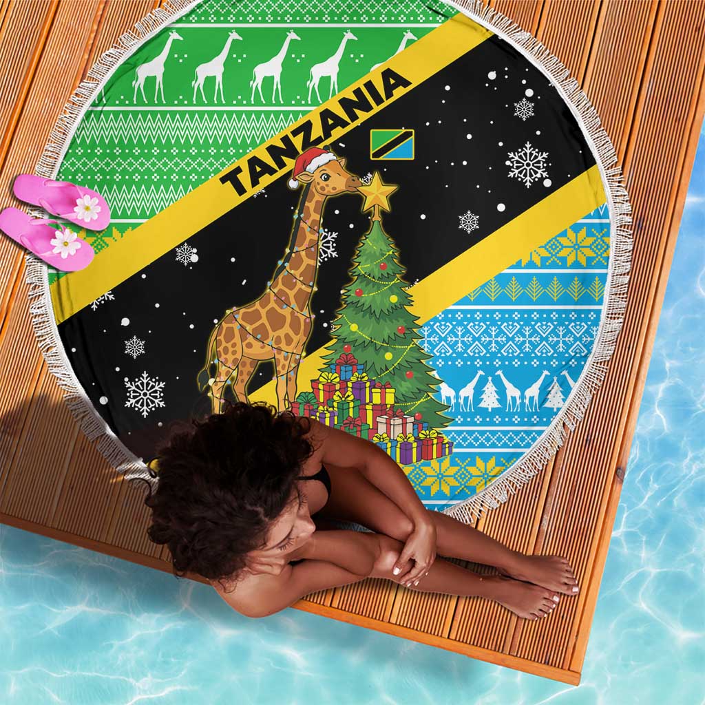 Tanzania Christmas Beach Blanket Giraffe Christmas Tree Snowflakes and Flag - African Pride