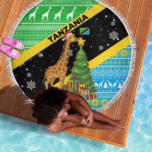 Tanzania Christmas Beach Blanket Giraffe Christmas Tree Snowflakes and Flag - African Pride