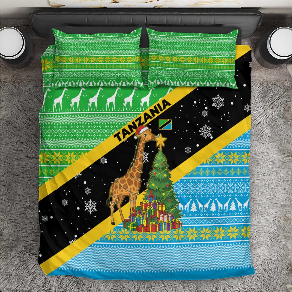 Tanzania Christmas Bedding Set Giraffe Christmas Tree Snowflakes and Flag - African Pride