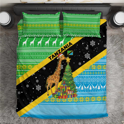 Tanzania Christmas Bedding Set Giraffe Christmas Tree Snowflakes and Flag - African Pride