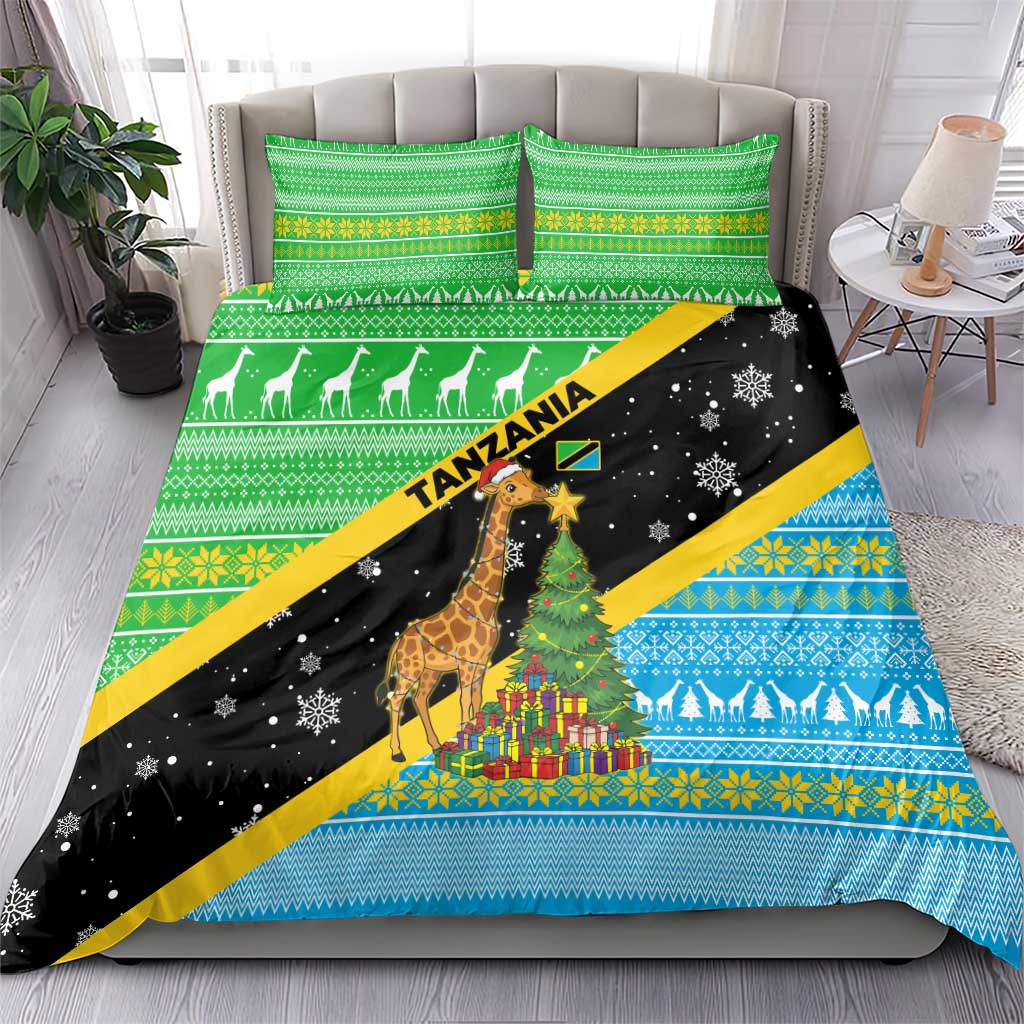 Tanzania Christmas Bedding Set Giraffe Christmas Tree Snowflakes and Flag - African Pride