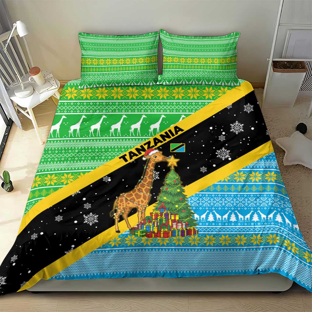 Tanzania Christmas Bedding Set Giraffe Christmas Tree Snowflakes and Flag - African Pride
