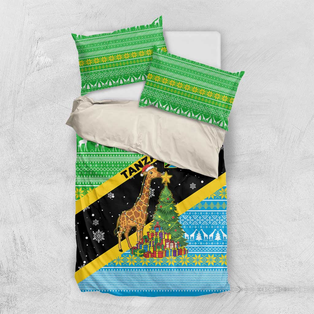 Tanzania Christmas Bedding Set Giraffe Christmas Tree Snowflakes and Flag - African Pride