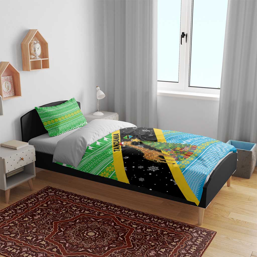 Tanzania Christmas Bedding Set Giraffe Christmas Tree Snowflakes and Flag - African Pride