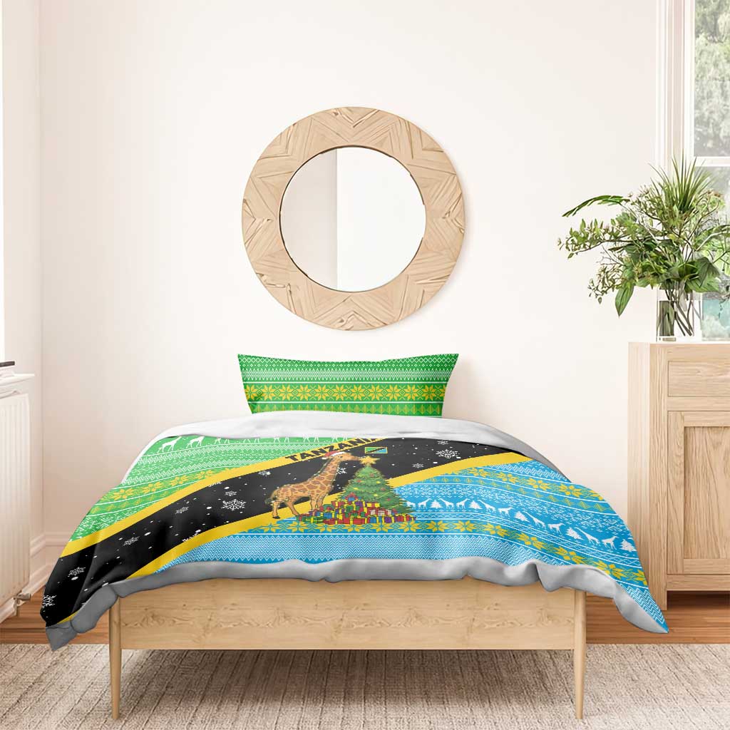 Tanzania Christmas Bedding Set Giraffe Christmas Tree Snowflakes and Flag - African Pride