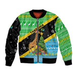 Tanzania Christmas Bomber Jacket Giraffe Christmas Tree Snowflakes and Flag - African Pride