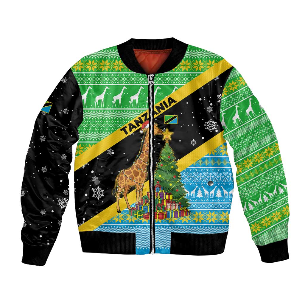 Tanzania Christmas Bomber Jacket Giraffe Christmas Tree Snowflakes and Flag - African Pride