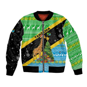 Tanzania Christmas Bomber Jacket Giraffe Christmas Tree Snowflakes and Flag - African Pride