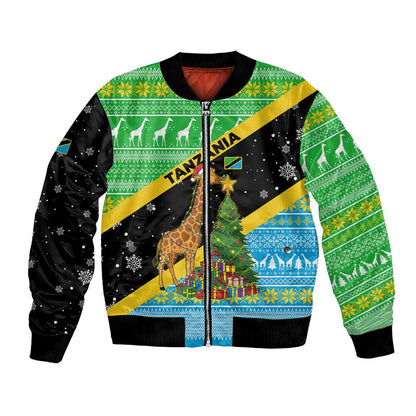 Tanzania Christmas Bomber Jacket Giraffe Christmas Tree Snowflakes and Flag - African Pride