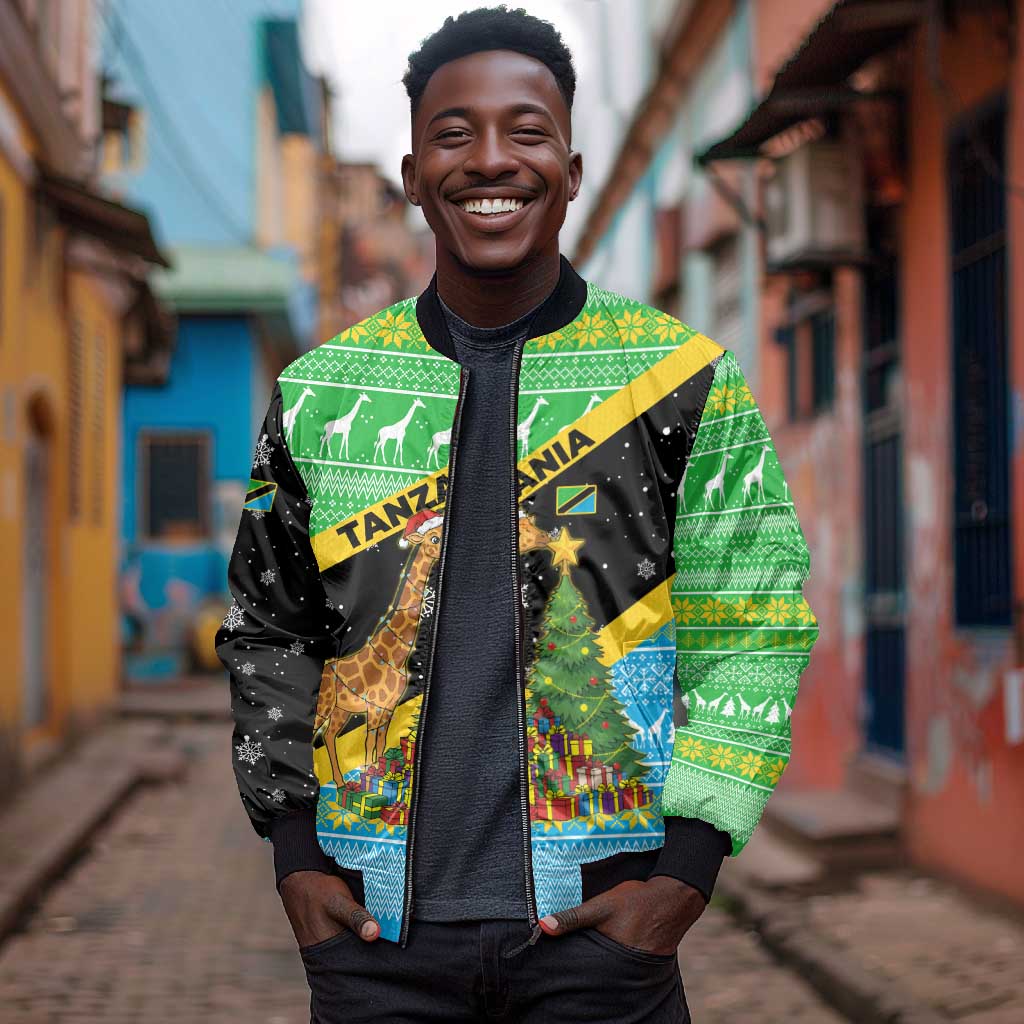 Tanzania Christmas Bomber Jacket Giraffe Christmas Tree Snowflakes and Flag - African Pride