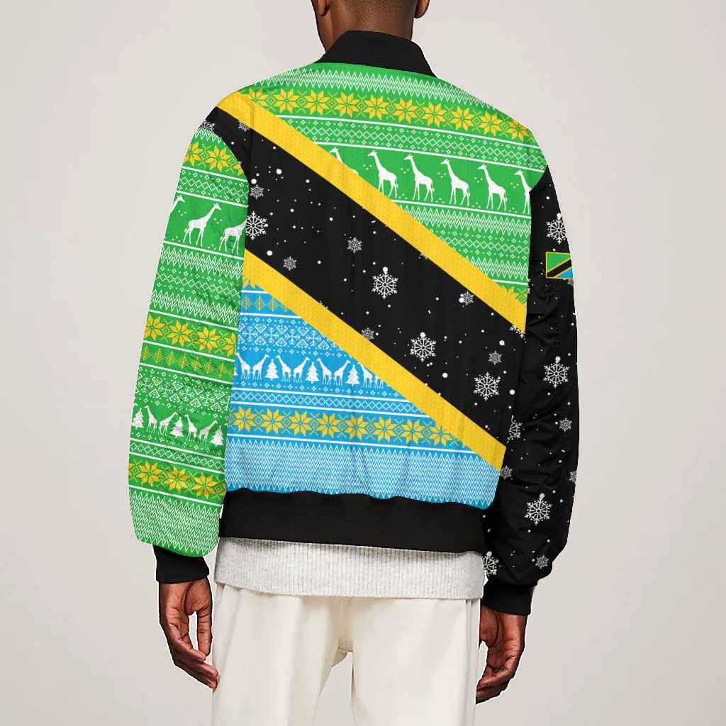 Tanzania Christmas Bomber Jacket Giraffe Christmas Tree Snowflakes and Flag - African Pride