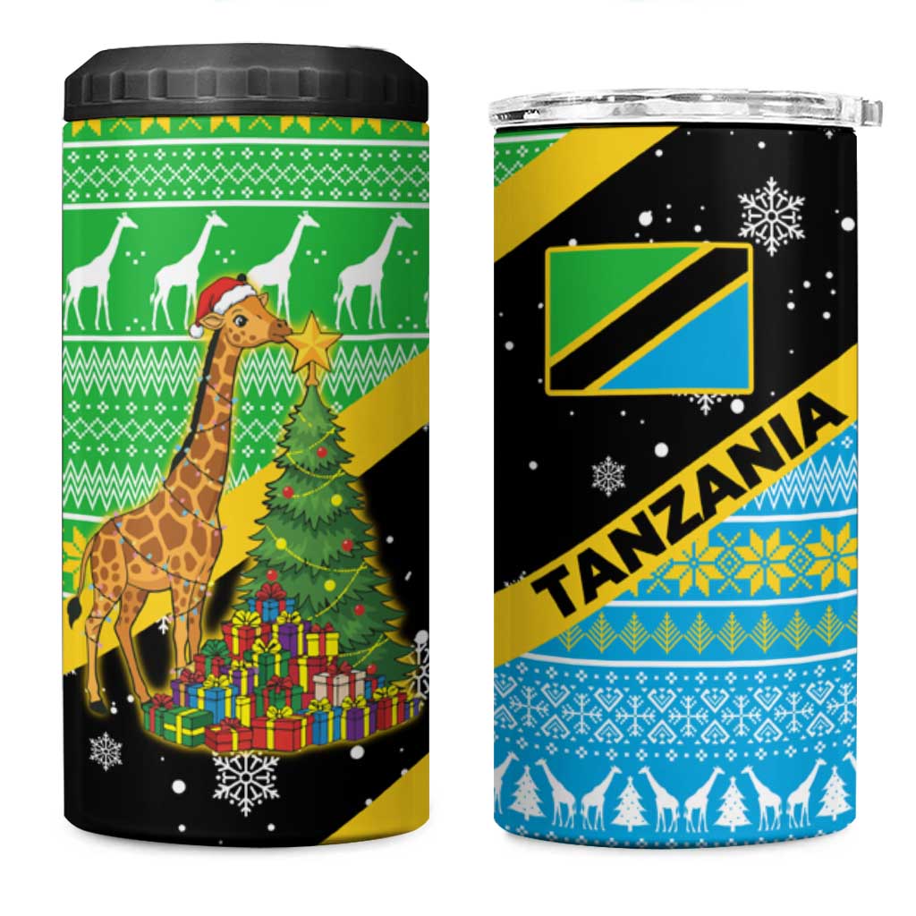 Tanzania Christmas 4 in 1 Can Cooler Tumbler Giraffe Christmas Tree Snowflakes and Flag - African Pride