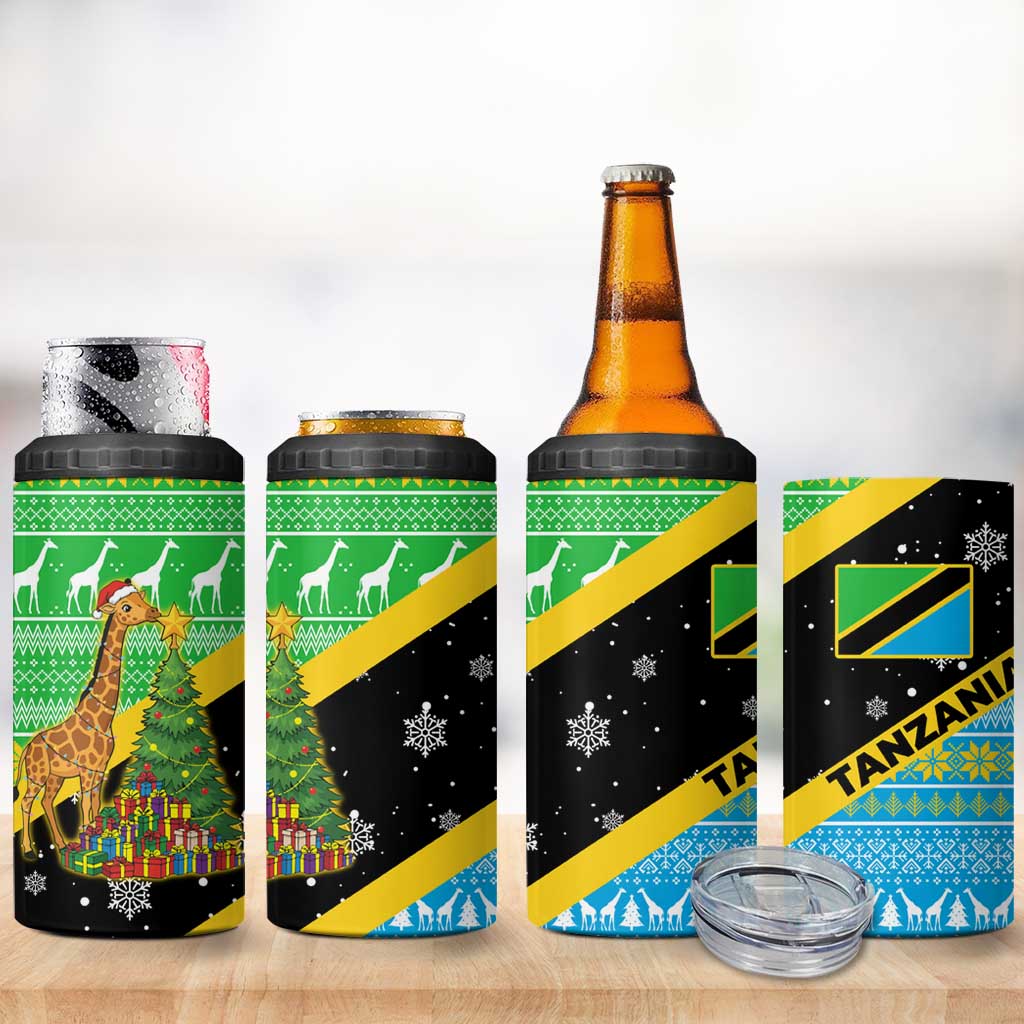 Tanzania Christmas 4 in 1 Can Cooler Tumbler Giraffe Christmas Tree Snowflakes and Flag - African Pride