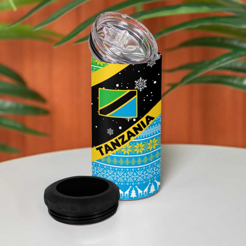 Tanzania Christmas 4 in 1 Can Cooler Tumbler Giraffe Christmas Tree Snowflakes and Flag - African Pride