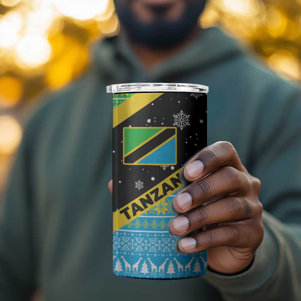 Tanzania Christmas 4 in 1 Can Cooler Tumbler Giraffe Christmas Tree Snowflakes and Flag - African Pride