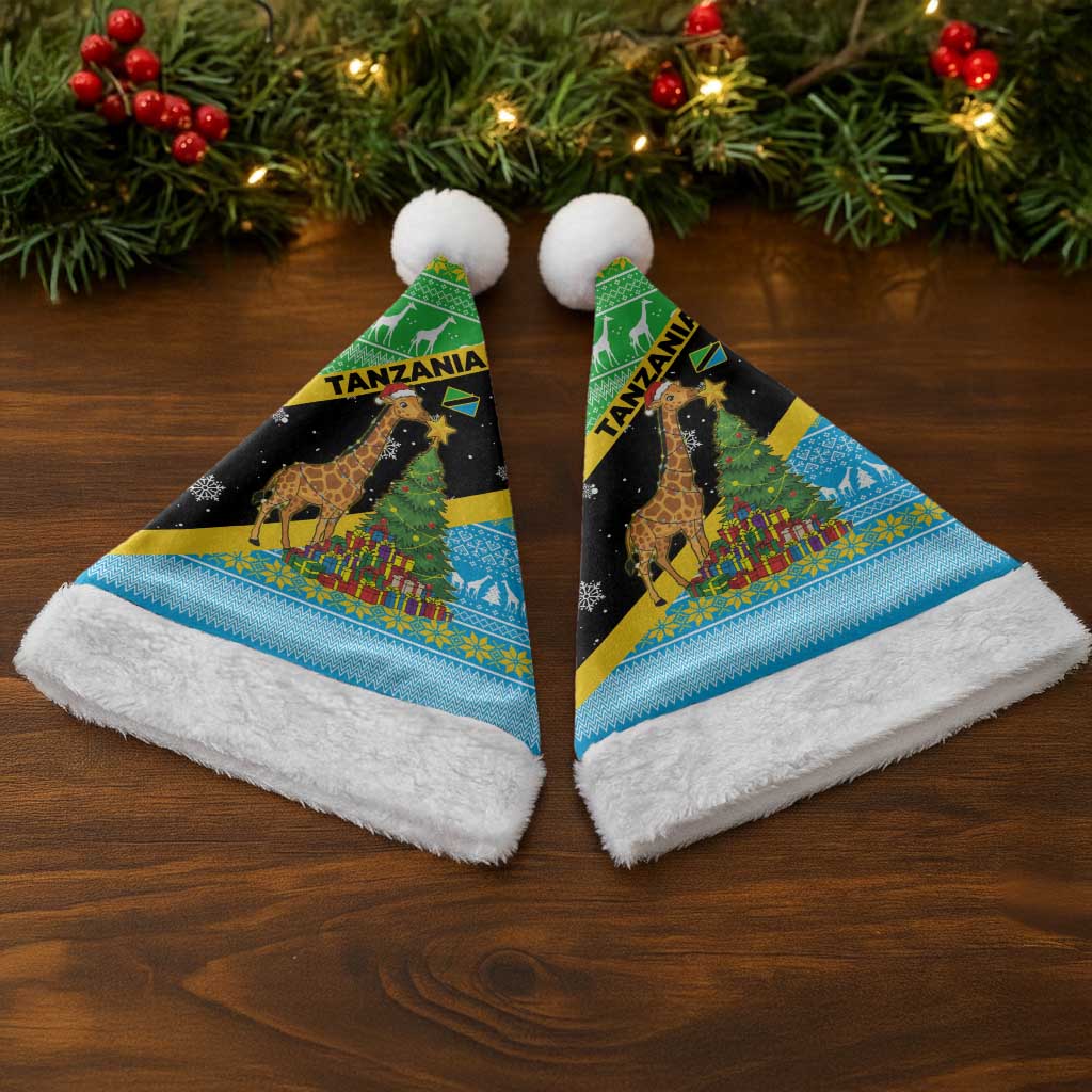 Tanzania Christmas Santa Hat Giraffe Christmas Tree Snowflakes and Flag - African Pride