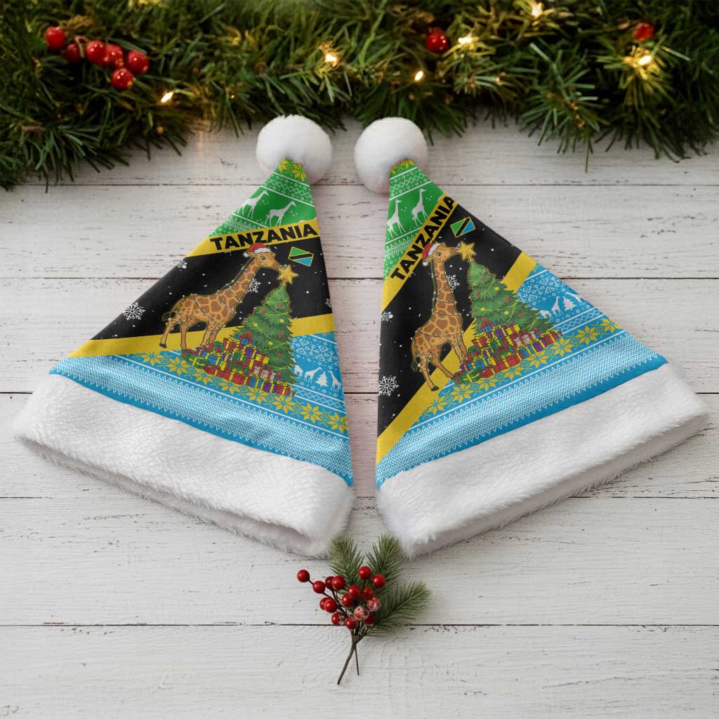 Tanzania Christmas Santa Hat Giraffe Christmas Tree Snowflakes and Flag - African Pride
