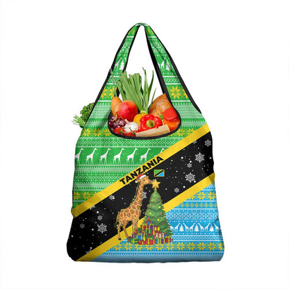Tanzania Christmas Grocery Bag Giraffe Christmas Tree Snowflakes and Flag - African Pride