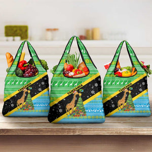 Tanzania Christmas Grocery Bag Giraffe Christmas Tree Snowflakes and Flag - African Pride