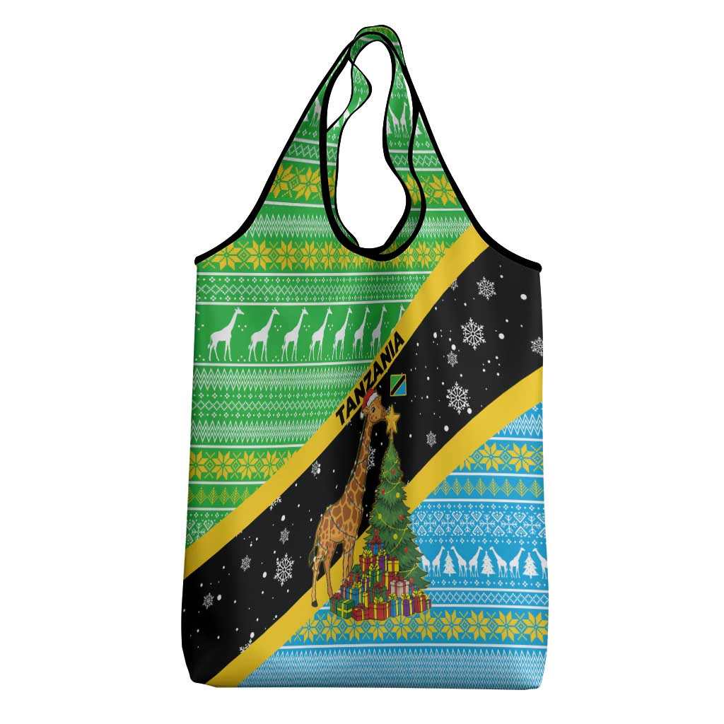 Tanzania Christmas Grocery Bag Giraffe Christmas Tree Snowflakes and Flag - African Pride
