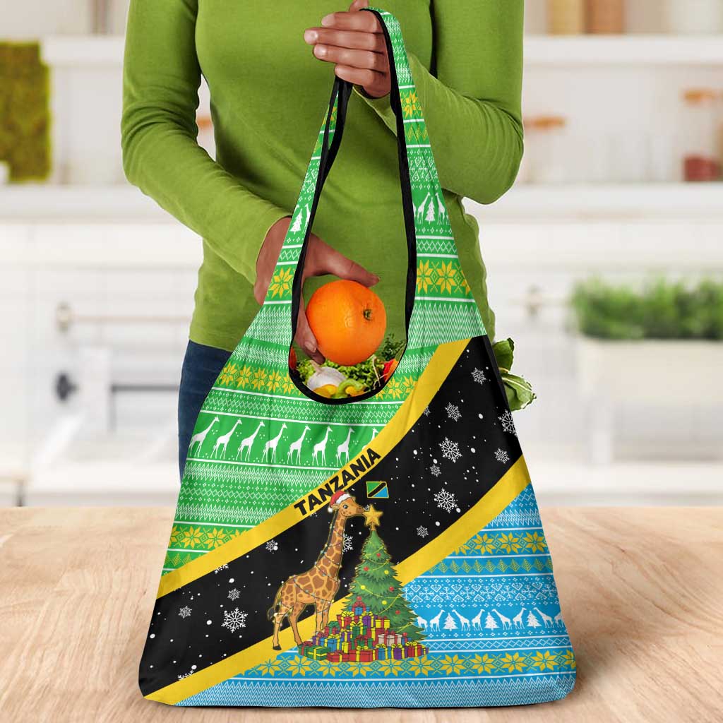 Tanzania Christmas Grocery Bag Giraffe Christmas Tree Snowflakes and Flag - African Pride