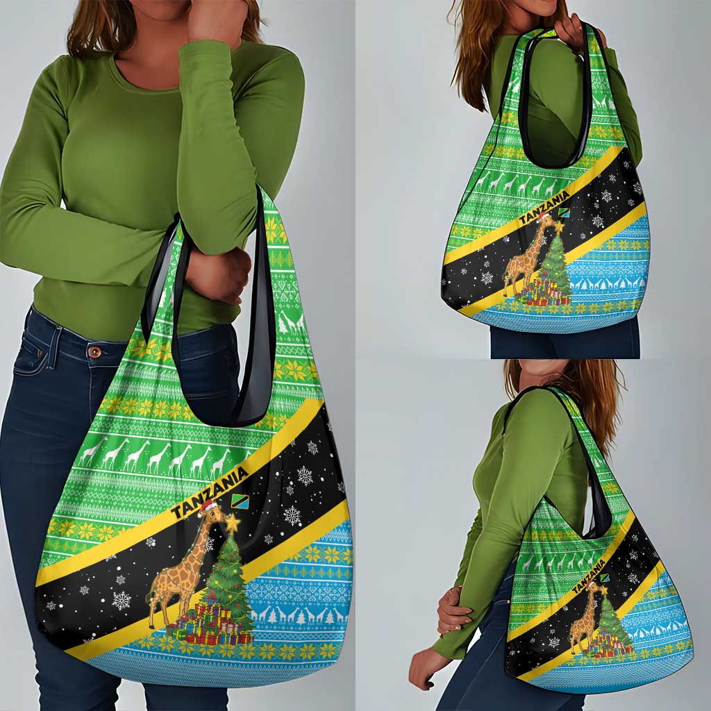 Tanzania Christmas Grocery Bag Giraffe Christmas Tree Snowflakes and Flag - African Pride