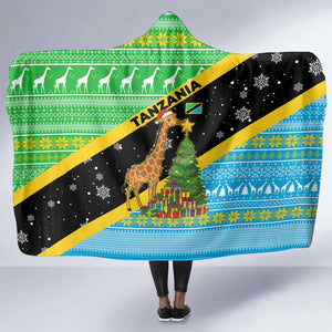 Tanzania Christmas Hooded Blanket Giraffe Christmas Tree Snowflakes and Flag - African Pride