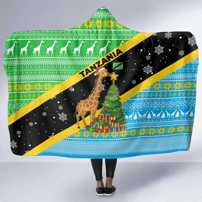 Tanzania Christmas Hooded Blanket Giraffe Christmas Tree Snowflakes and Flag - African Pride