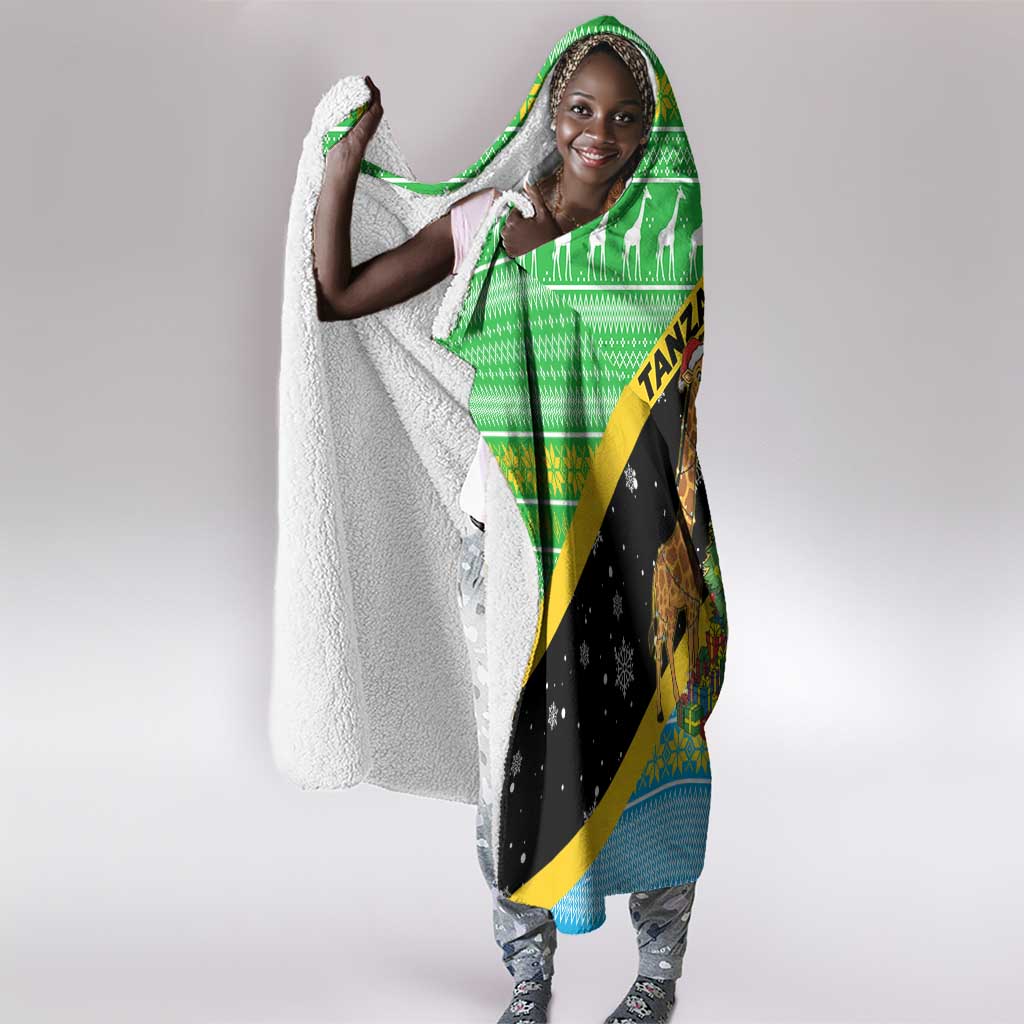 Tanzania Christmas Hooded Blanket Giraffe Christmas Tree Snowflakes and Flag - African Pride