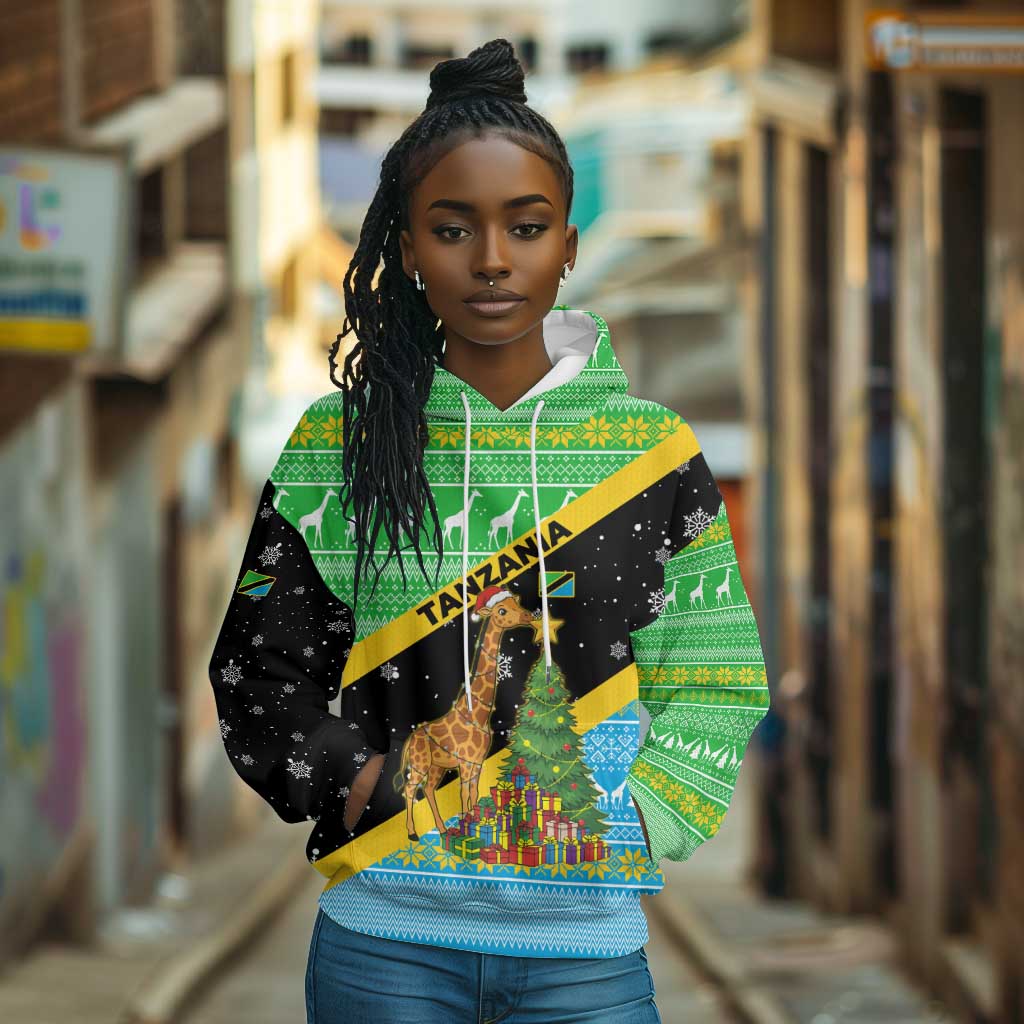 Tanzania Christmas Hoodie Giraffe Christmas Tree Snowflakes and Flag - African Pride