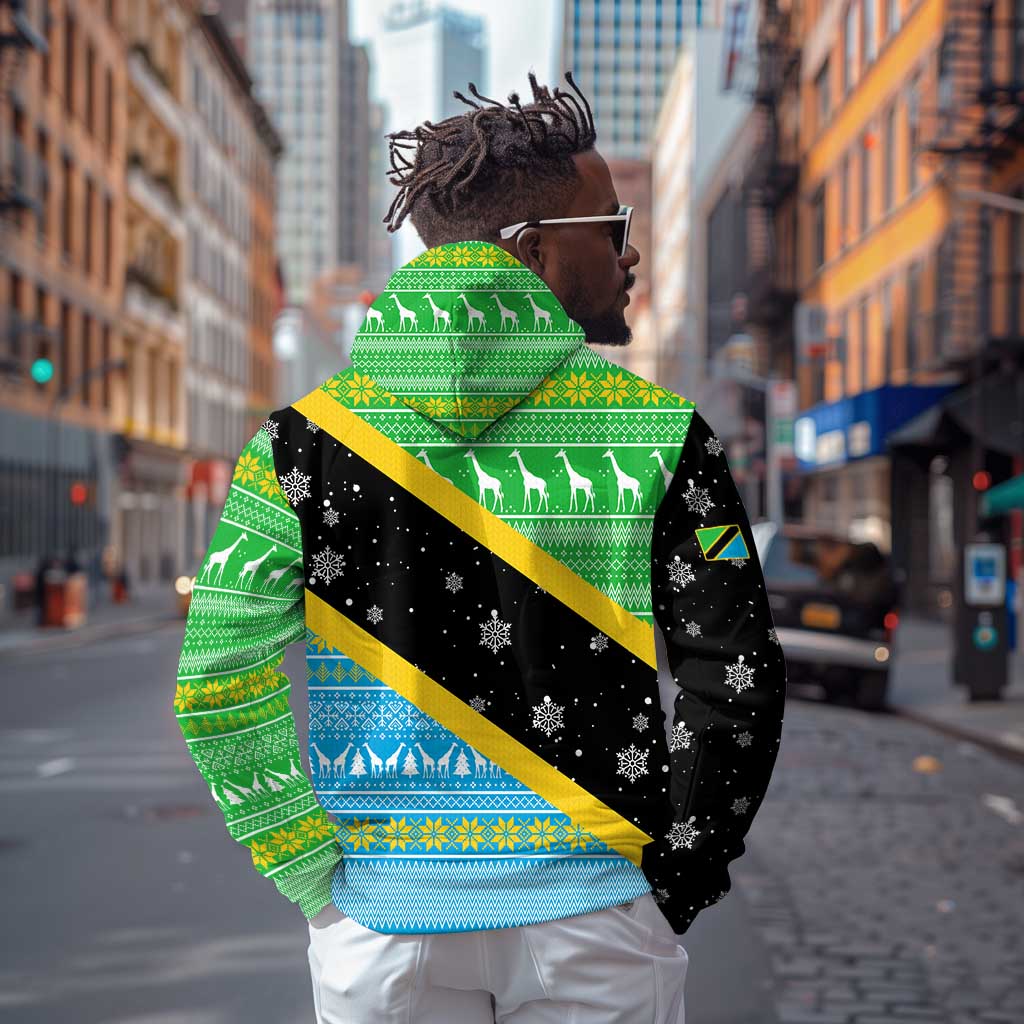 Tanzania Christmas Hoodie Giraffe Christmas Tree Snowflakes and Flag - African Pride