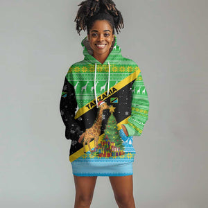 Tanzania Christmas Hoodie Dress Giraffe Christmas Tree Snowflakes and Flag - African Pride