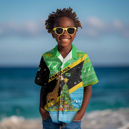 Tanzania Christmas Kid Hawaiian Shirt Giraffe Christmas Tree Snowflakes and Flag - African Pride