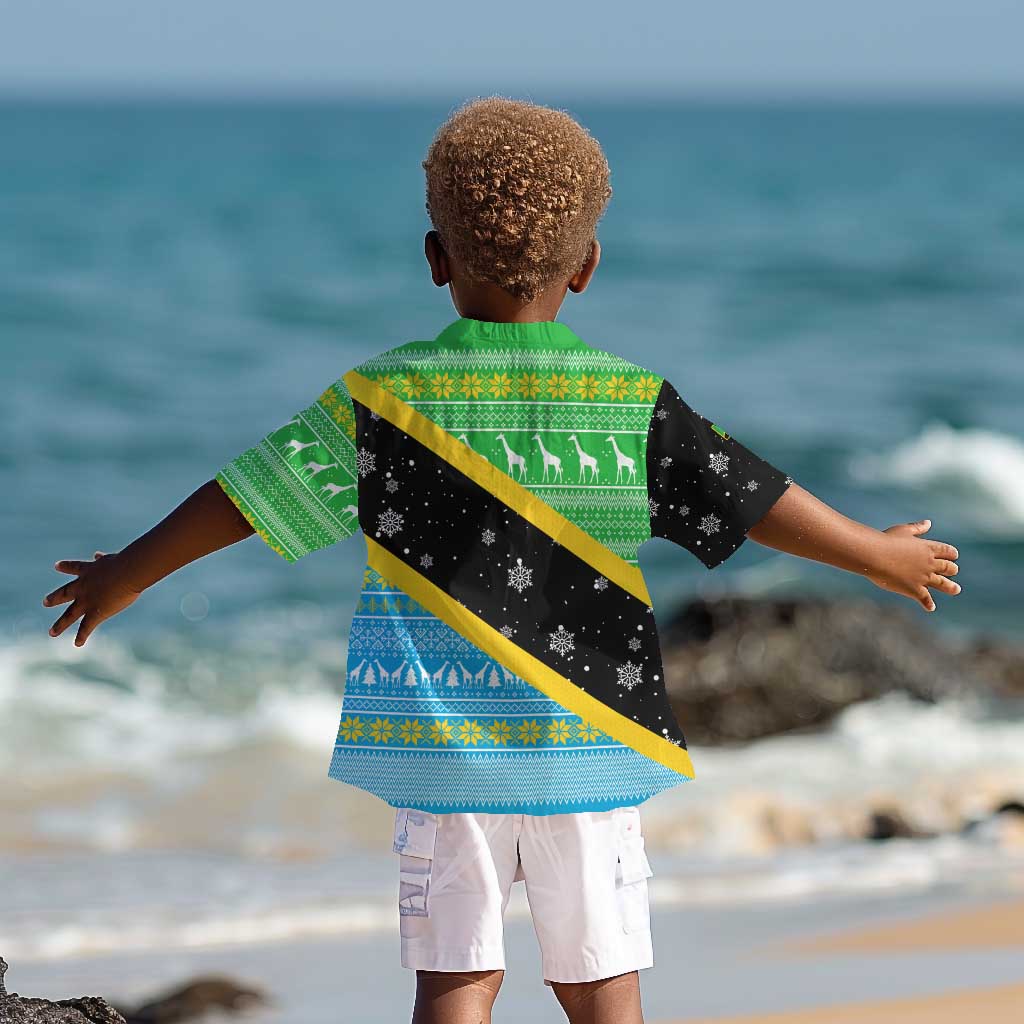 Tanzania Christmas Kid Hawaiian Shirt Giraffe Christmas Tree Snowflakes and Flag - African Pride