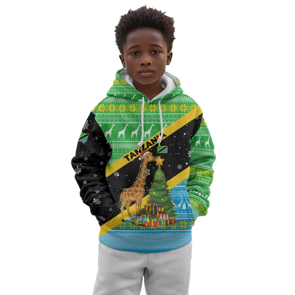Tanzania Christmas Kid Hoodie Giraffe Christmas Tree Snowflakes and Flag - African Pride